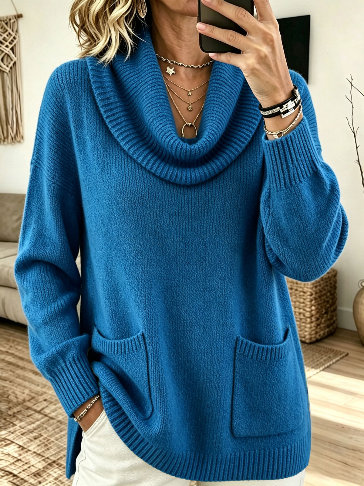 Women Cowl Neck Pockets Drop Shoulder Loose Knit Sweater