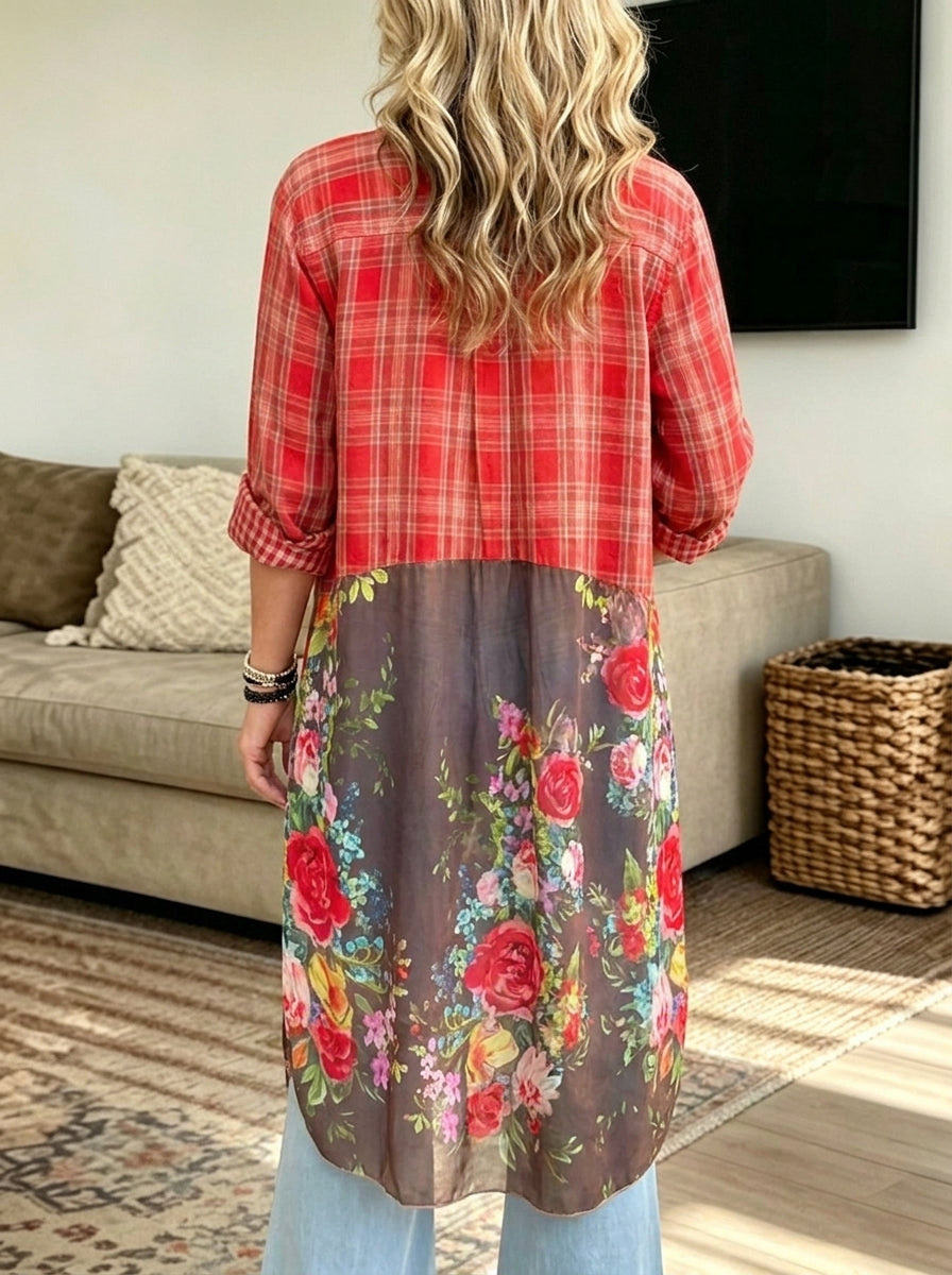 Women Plaid Floral Splice Long Open‑Front Shirt Cardigan