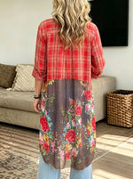 Women Plaid Floral Splice Long Open‑Front Shirt Cardigan