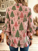 Women's Christmas Tree Print Tiered Ruffle Blouse