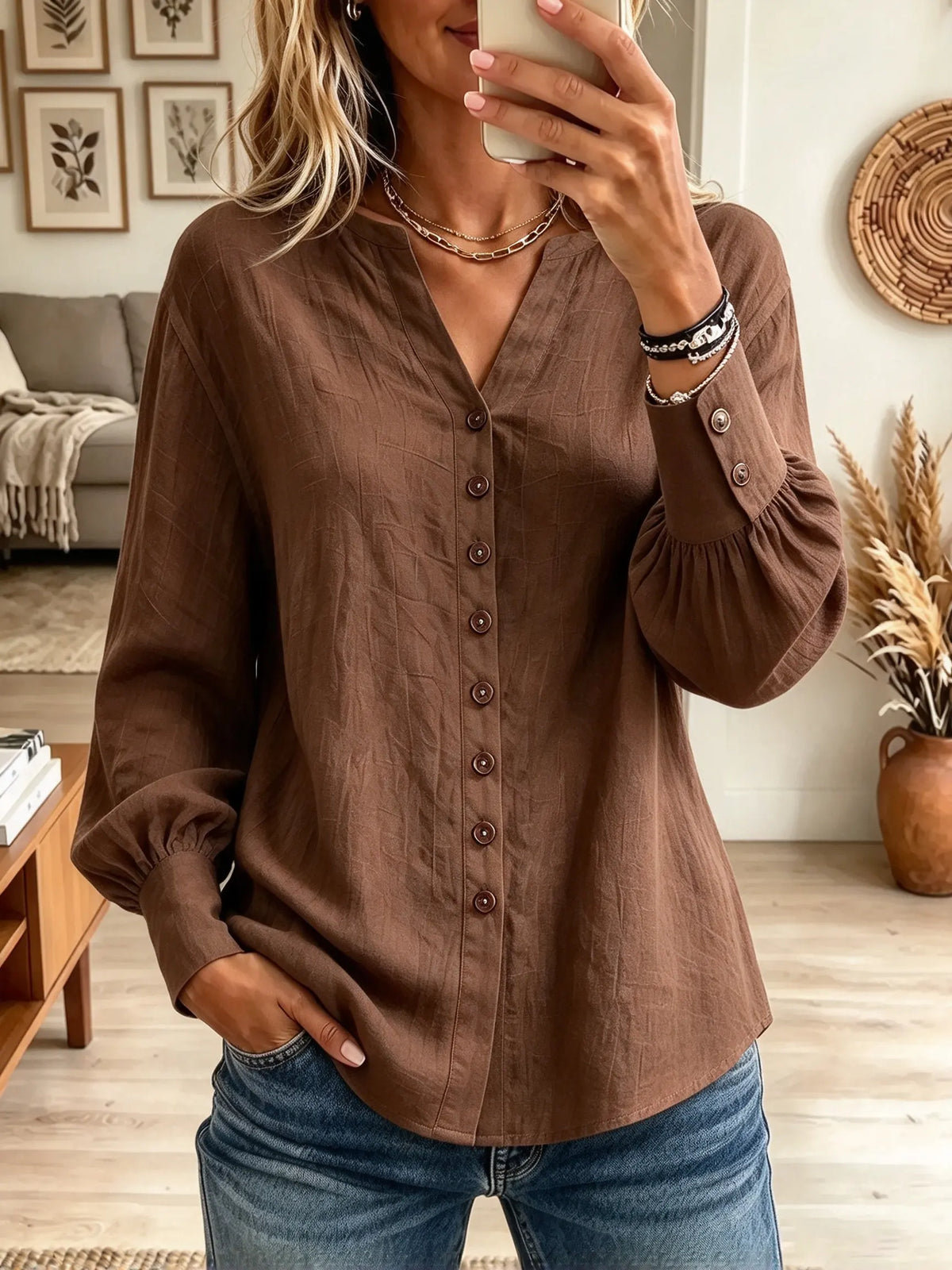Women's Button-Front Textured Tunic