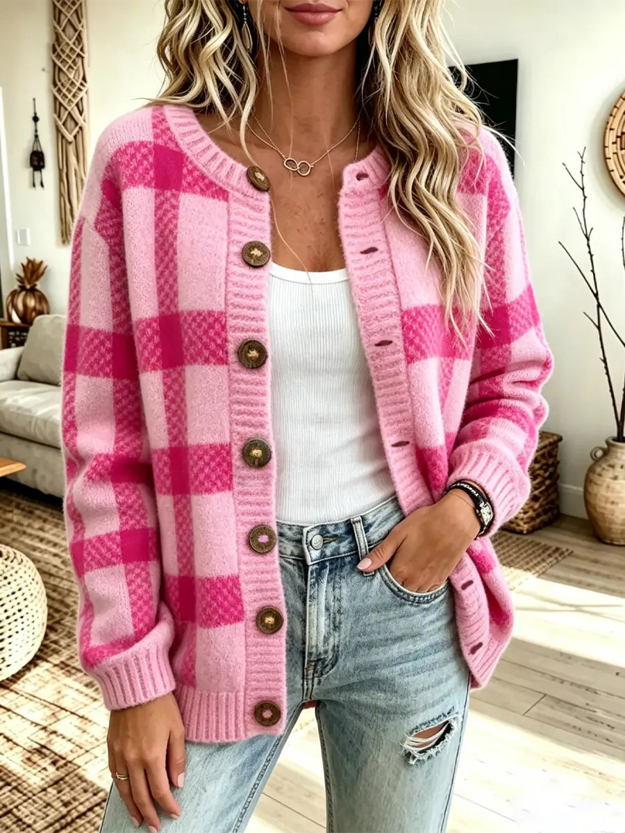 Vintage Chic Plaid Pattern Knit Art Casual Stylish Long Sleeve Cardigan Sweater