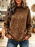 Vintage Elegant Washed Leopard Print High Neck Pocket Sweatshirt