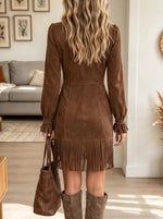 Women's Plunging V-Neck Fringe Hem Suede Dress