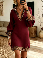 Women Solid V-Neck Knit Tunic Leopard Shirt Dress