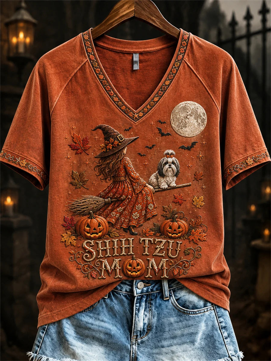 Women's Hooded Skeleton Dog Graphic V-Neck T-Shirt