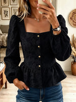 Square Neck Puff Sleeve Peplum Blouse with Gold Buttons