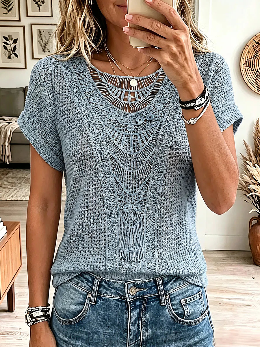 Vintage Elegant Waffle Patchwork Openwork Lace Shirt
