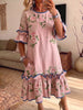 Vintage Elegant Pattern Print Patchwork Color Blocked Trim Ruffle Midi Dress With Pockets