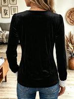 Women's Eyelet Lace Bow Tie Velvet Blouse