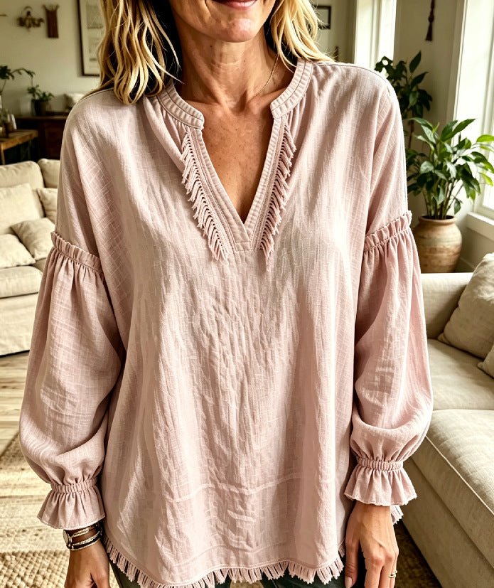 Women Boho Fringe V‑Neck Puff Long Sleeve Blouse Top