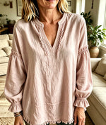 Women Boho Fringe V‑Neck Puff Long Sleeve Blouse Top