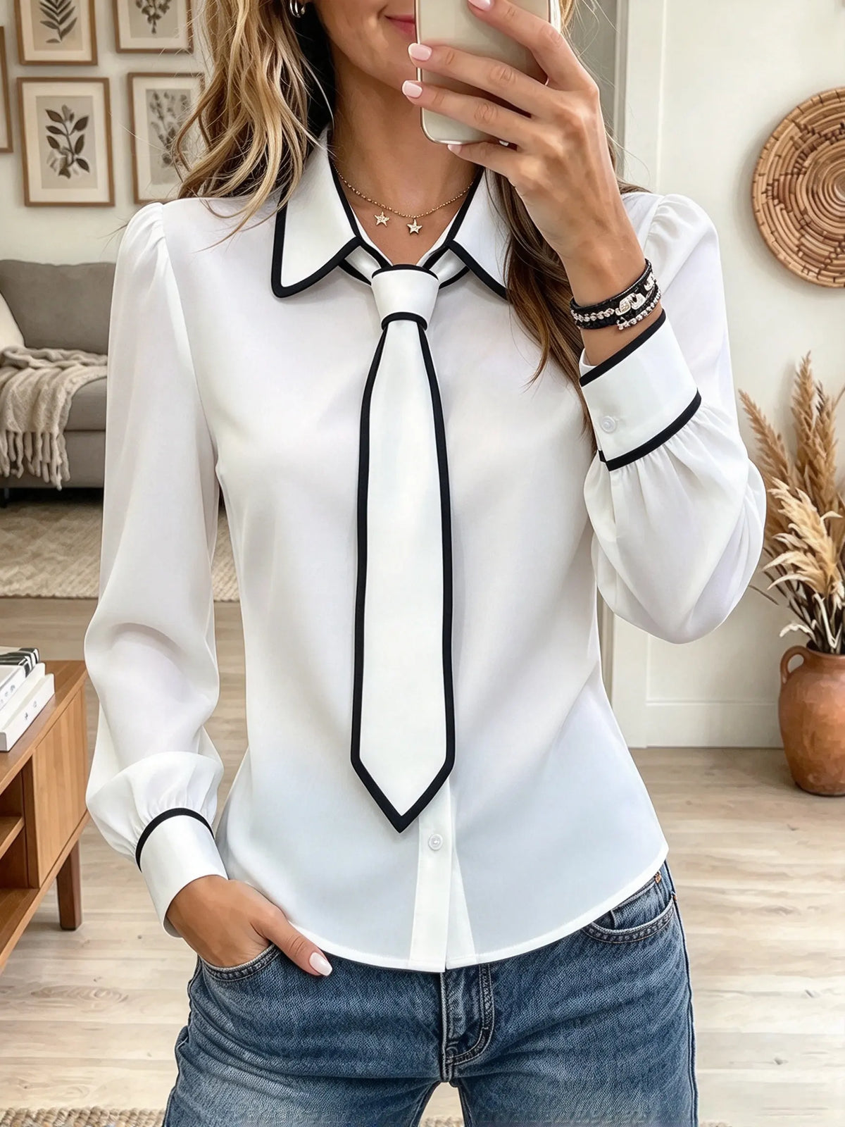 Women's Contrast Trim Tie-Collar Blouse