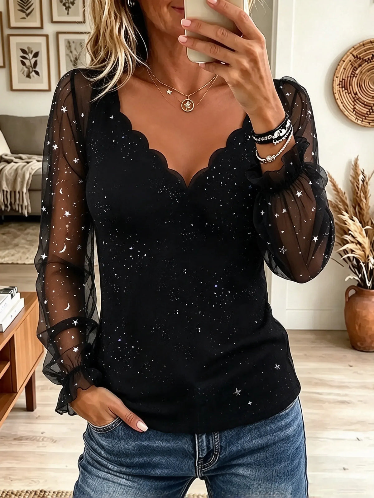 Women's Celestial Scalloped Sweetheart Sheer Top