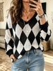 Women V‑Neck Argyle Diamond Pattern Hollow Knit Long‑Sleeve Sweater