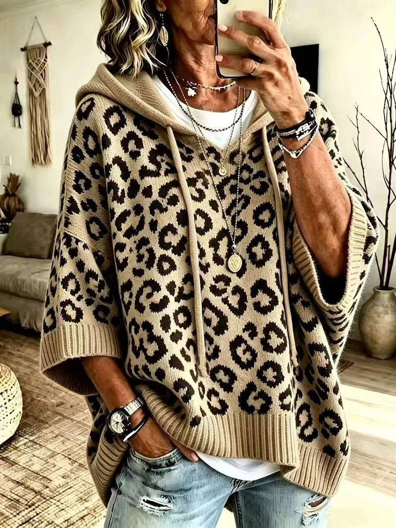 Women Leopard Print Drawstring Hooded Half‑Sleeve Knit Sweater