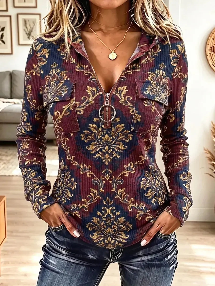 Vintage Floral Pattern Zip Art Casual Stylish Hooded Long Sleeve Top