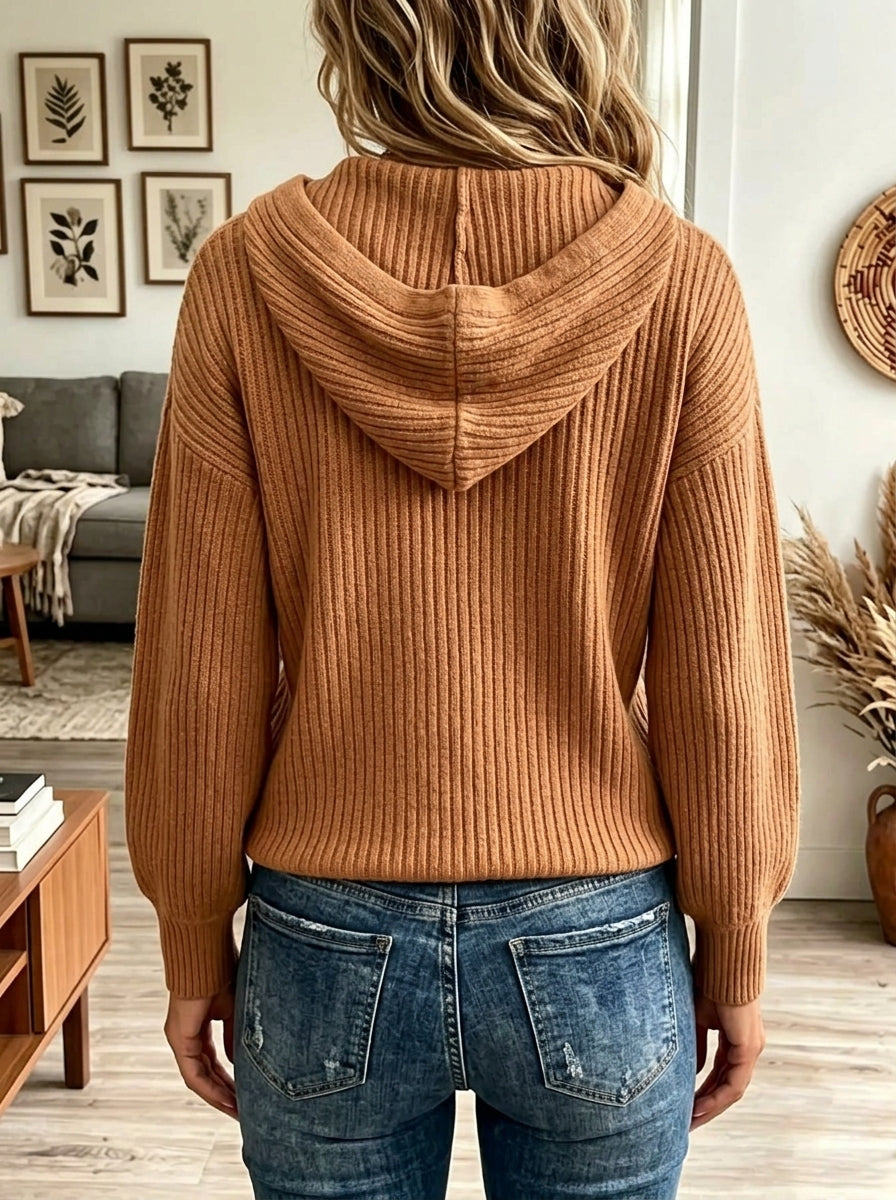 Women's Hooded Button-Down Ribbed Knit Cardigan