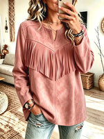 Retro Western Fringe Patchwork Art Casual Stylish Long Sleeve Suede Top
