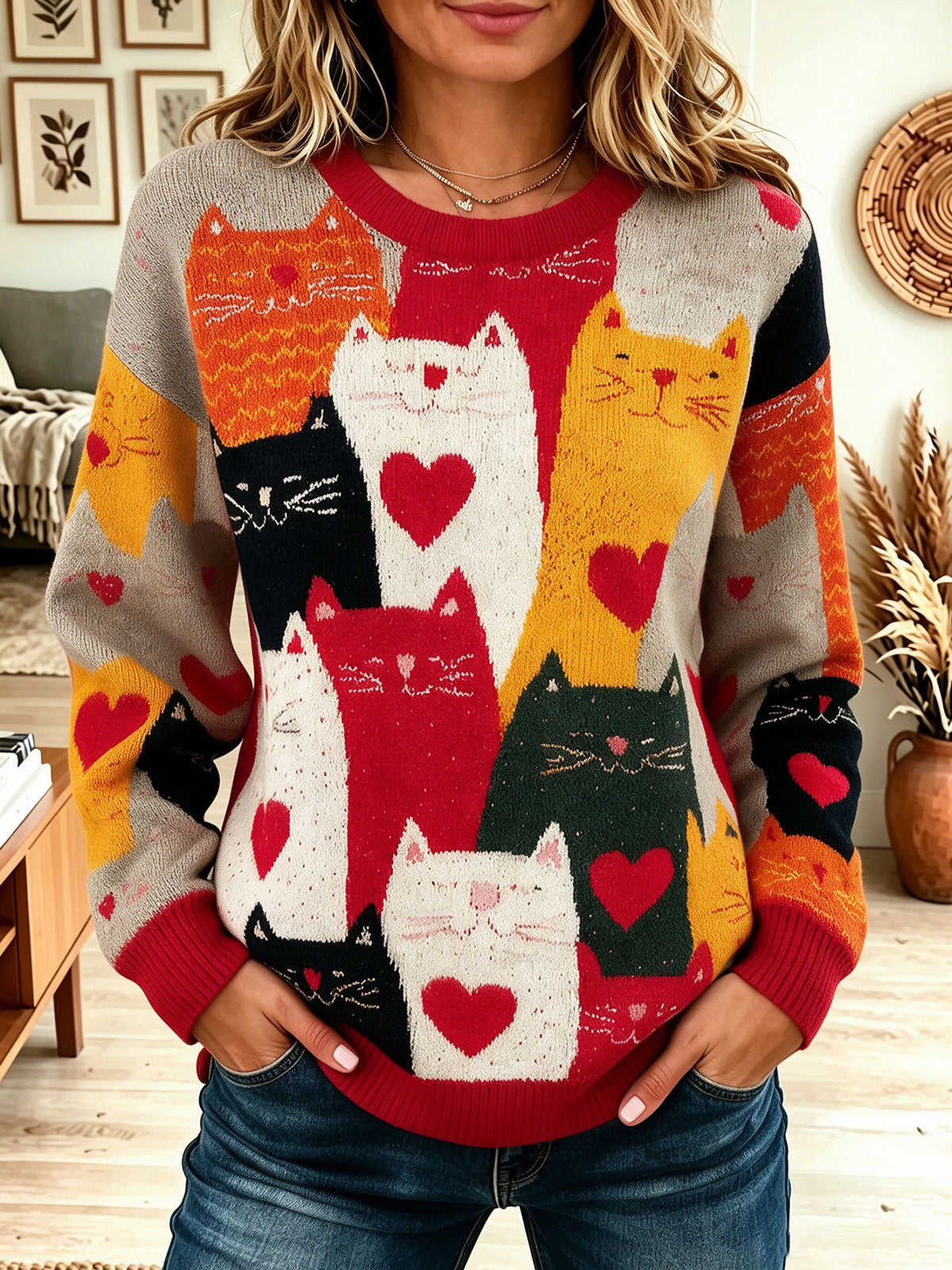 Women Cute Cat Heart Pattern Knit Sweater, Round Neck Long Sleeve Casual Pullover