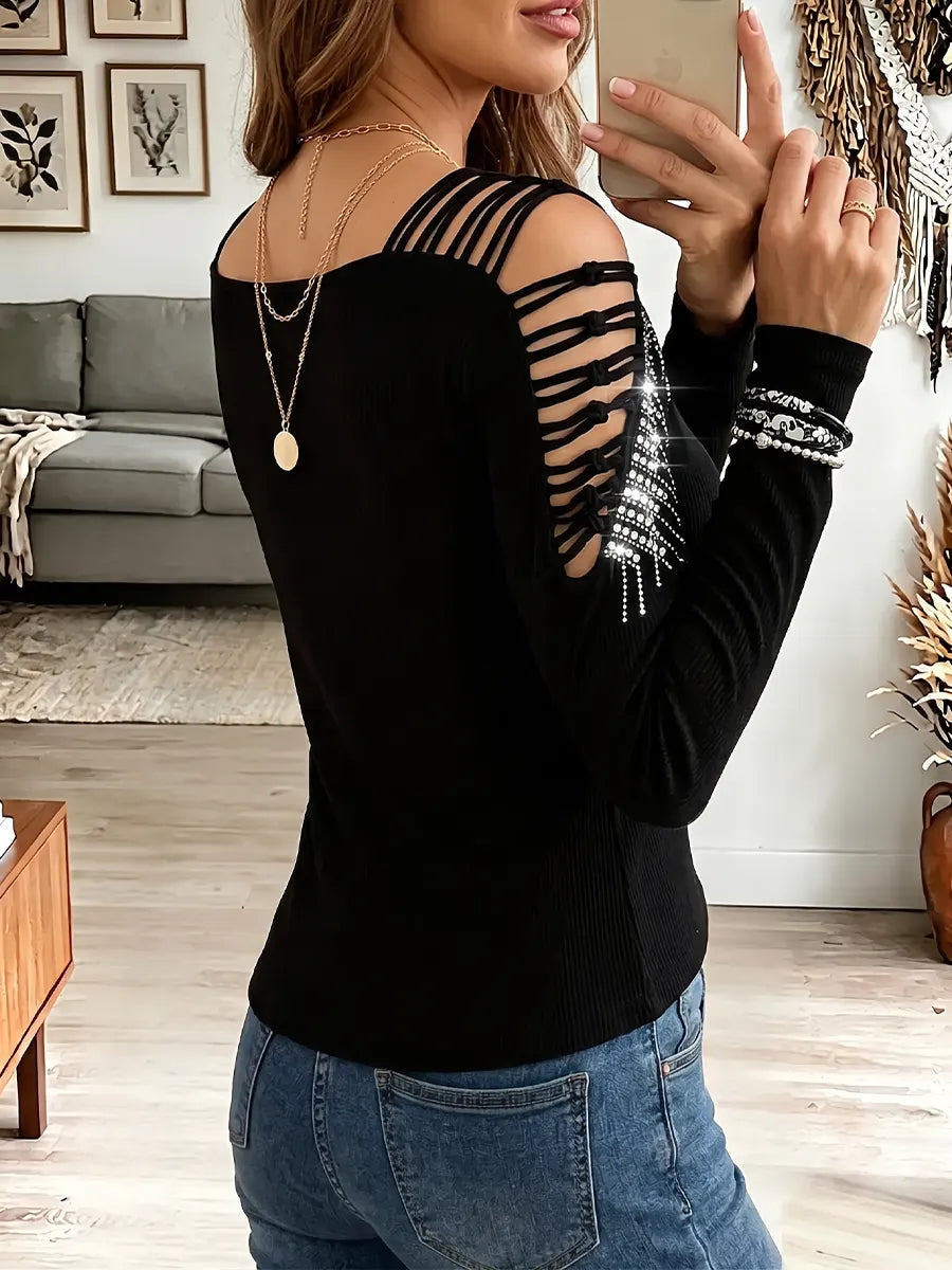 Vintage Elegant Sparkling Rhinestones Openwork Shirt