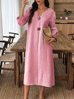 Retro V Collar Solid Color Art Casual Stylish 3/4 Sleeve Cotton Linen Dress