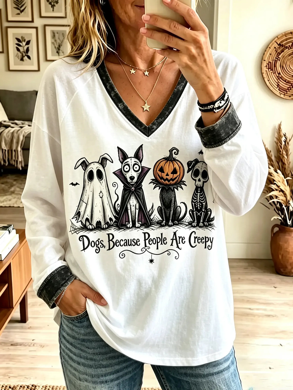 Women's Creepy Dogs Lineup Colorblock Long-Sleeve T-Shirt