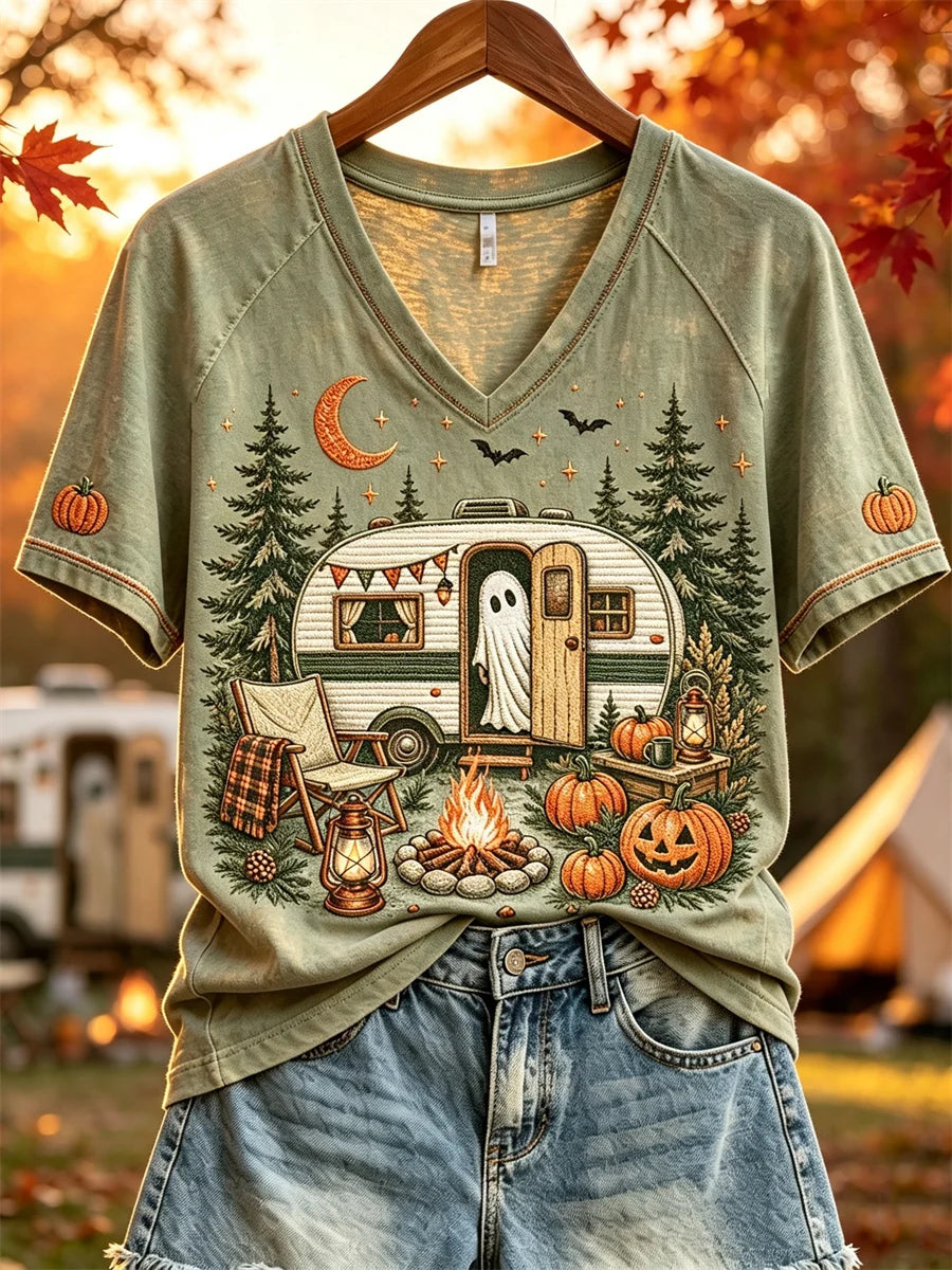Women's Ghost Camper Campfire Halloween Graphic T-Shirt