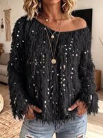 Women V‑Neck Shaggy Fuzzy Sequin Embellished Long Sleeve Knit Sweater