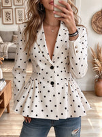 Women's White Polka Dot Lapel Collar Peplum Blazer Jacket