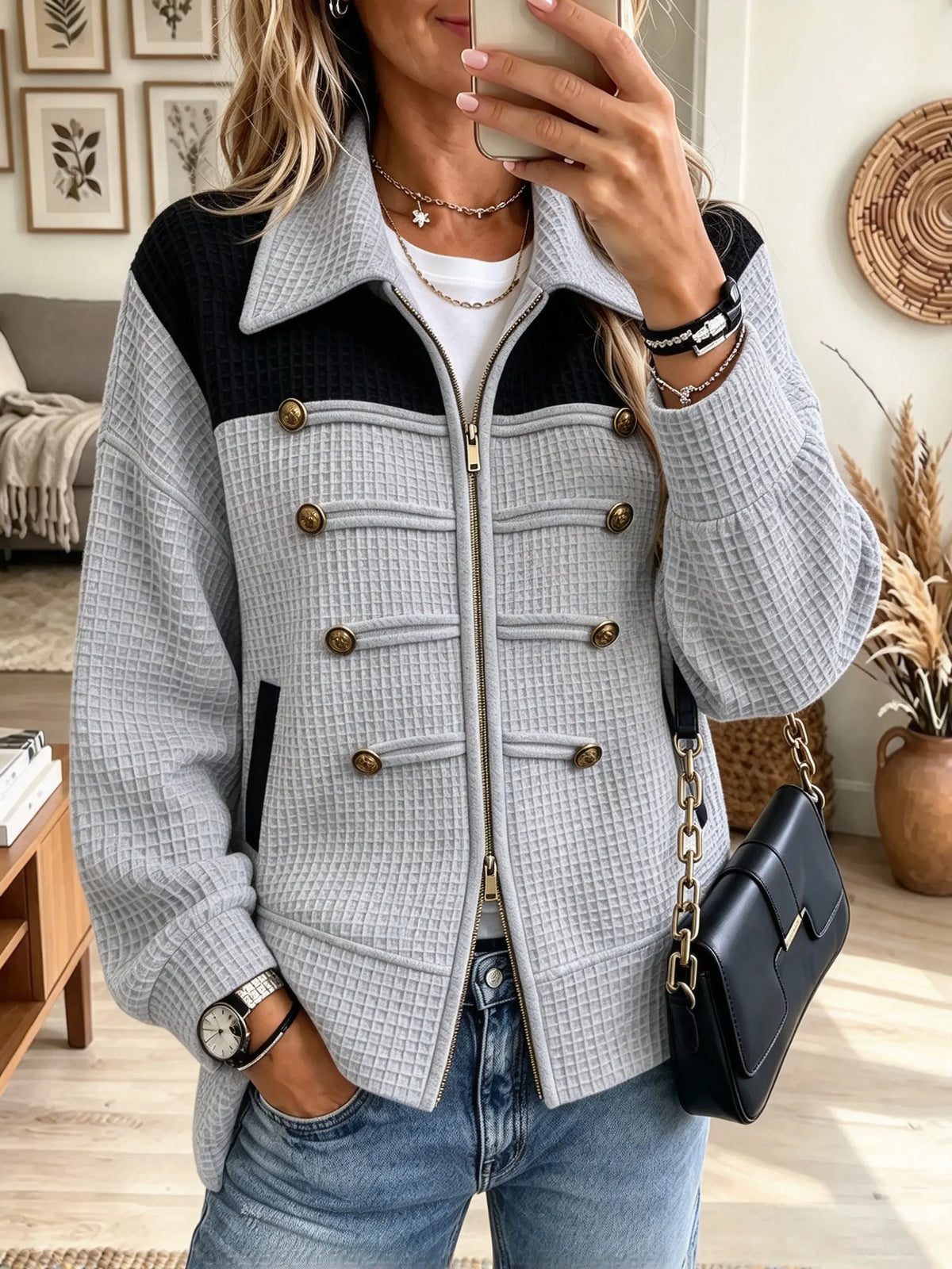 Women's Double-Breasted Waffle Knit Jacket