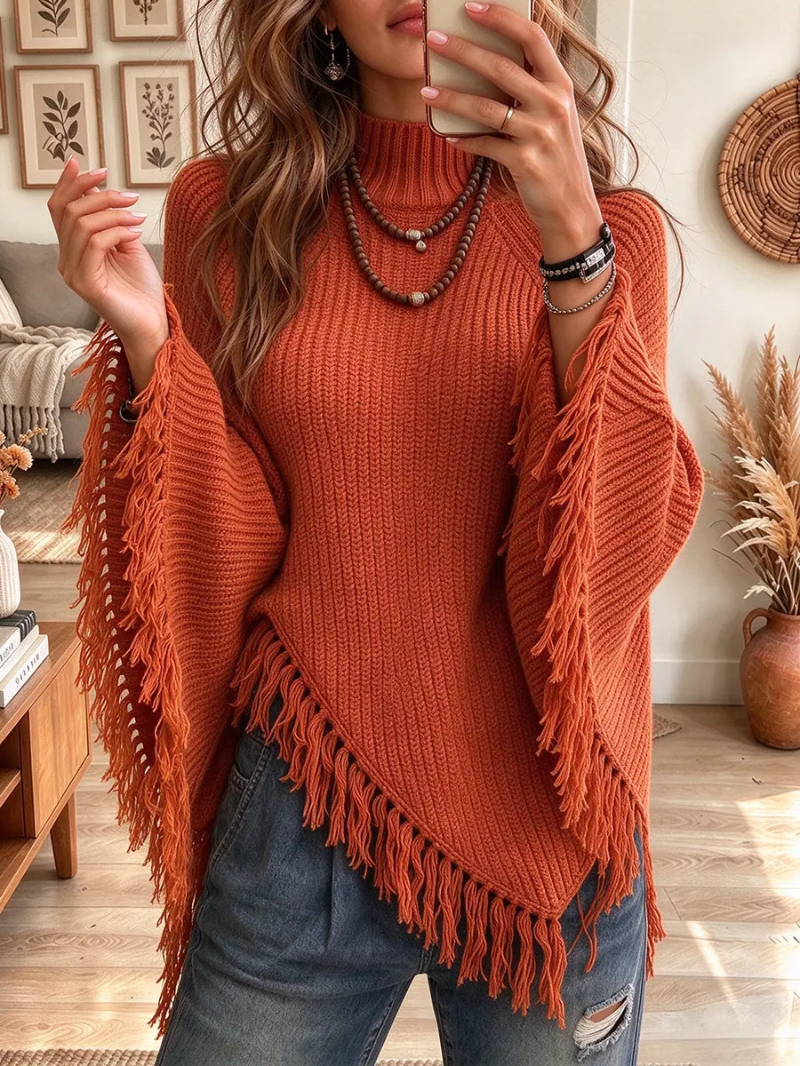 Women's Turtleneck Fringe Poncho Ribbed Knit Asymmetric Tassel Cape Top