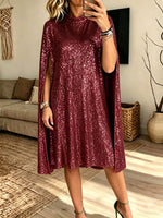 Women Silver Sequin Cape Sleeve Midi Dress Mock Neck Loose Evening Party Gown