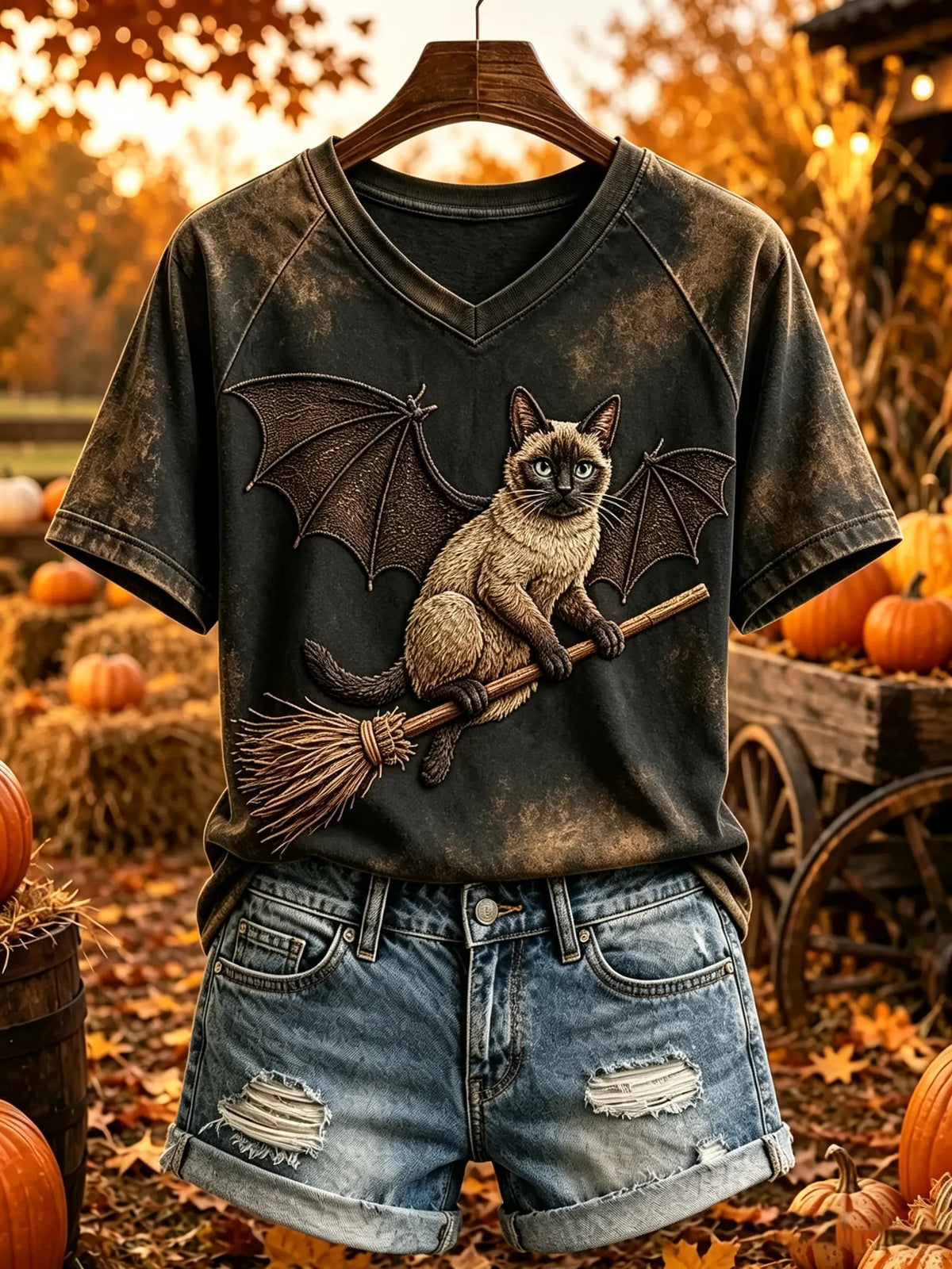 Women's Bat-Wing Siamese Cat Witch Broom T-Shirt