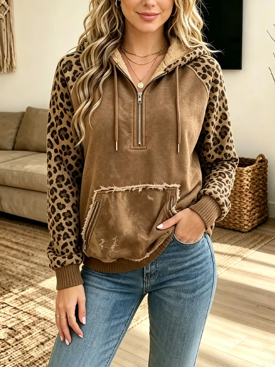 Retro Leopard Zip Fleece Hooded Art Casual Stylish Long Sleeve Sweatshirt