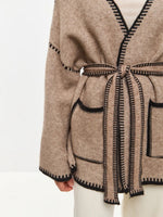 Women Contrast Stitch Trim Belted Open Front Knit Cardigan With Pockets