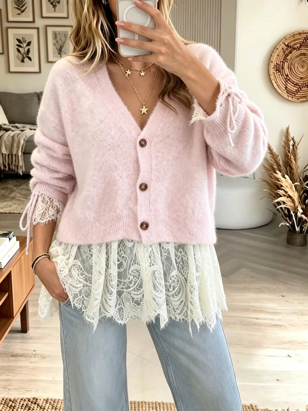 Women's Lace Trim Tie-Sleeve Buttoned Cardigan