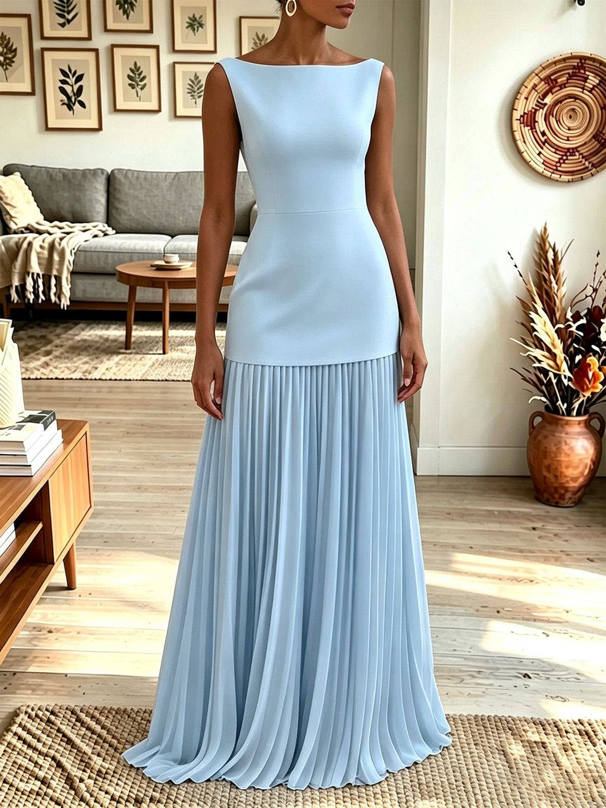 Women Boat Neck Sleeveless Two‑Tone Pleated Maxi Evening Dress