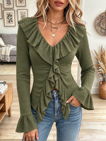 Vintage Elegant Cotton-linen Patchwork Ruffle Shirt
