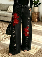 Women's Grommet Floral Patchwork Wide-Leg Jeans