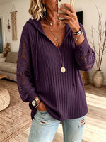 Women Solid Sunflower Lace Spliced Hooded Knit Top