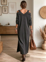 Women's Off Shoulder V Neck Fake Two Piece Sweatshirt Maxi Dress