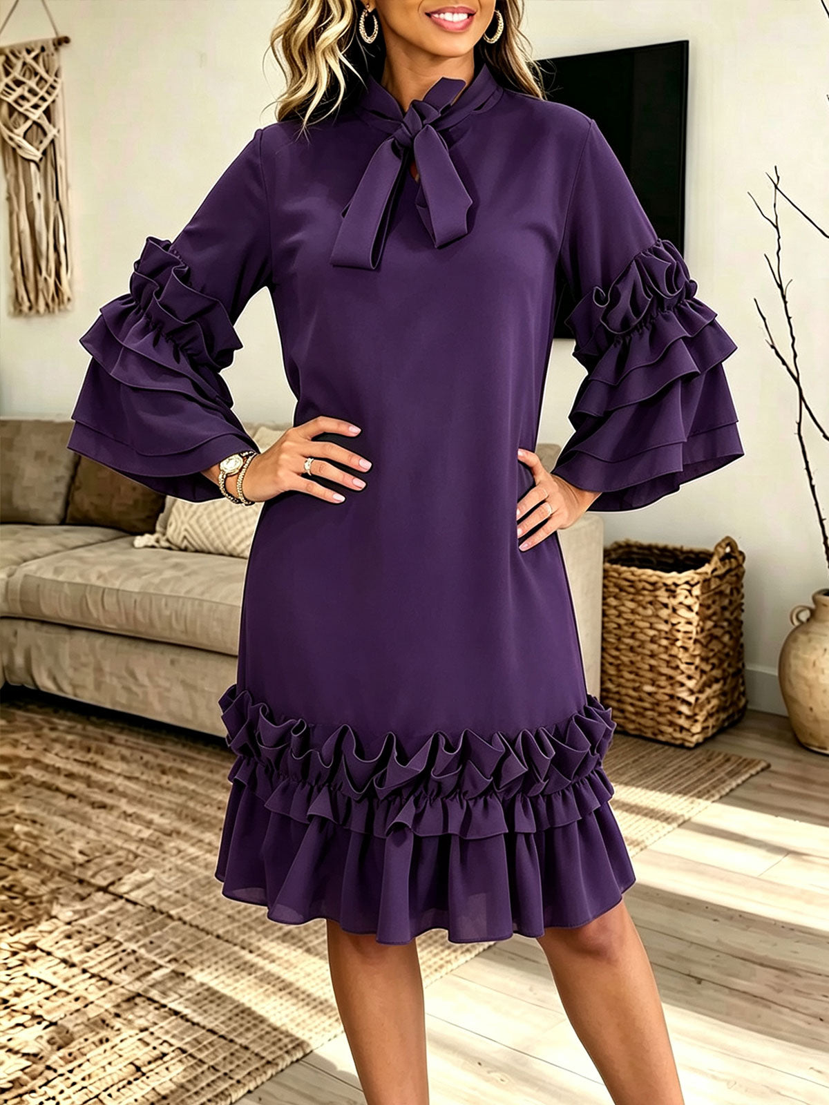Women Bow Tie Neck Layered Ruffle Bell Sleeve Shift Midi Dress