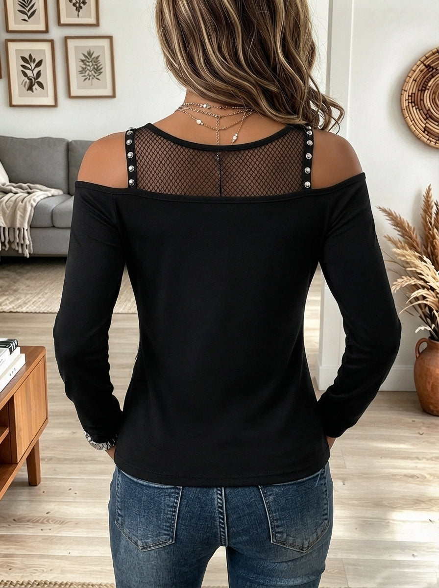 Women's Black Cold Shoulder Long Sleeve Top with Mesh Yoke and Zipper Hem