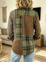 Women Patchwork Plaid Long Sleeve Button‑Down Shirt