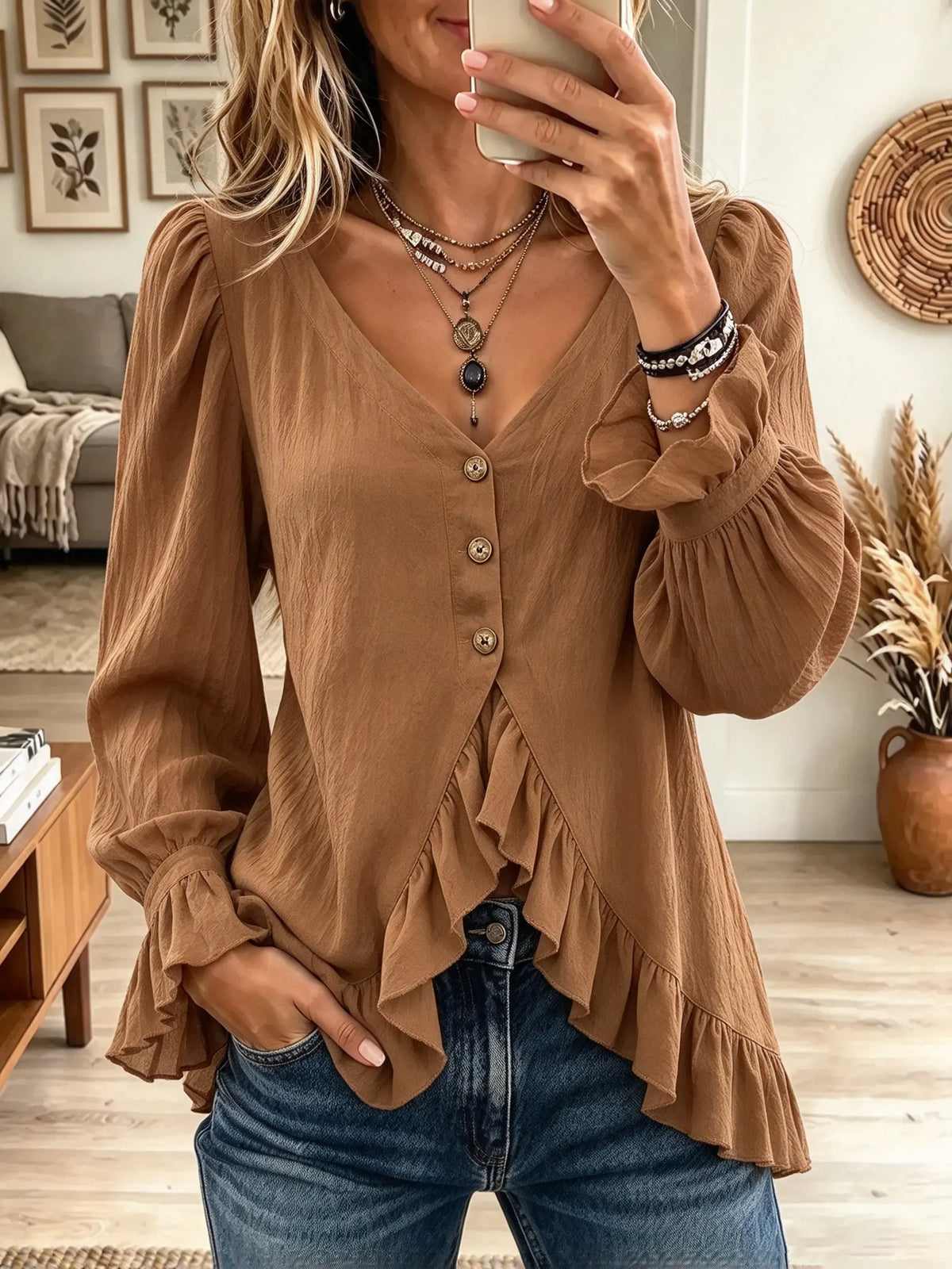 Women's Ruffled Hem Button-Front Gauze Blouse