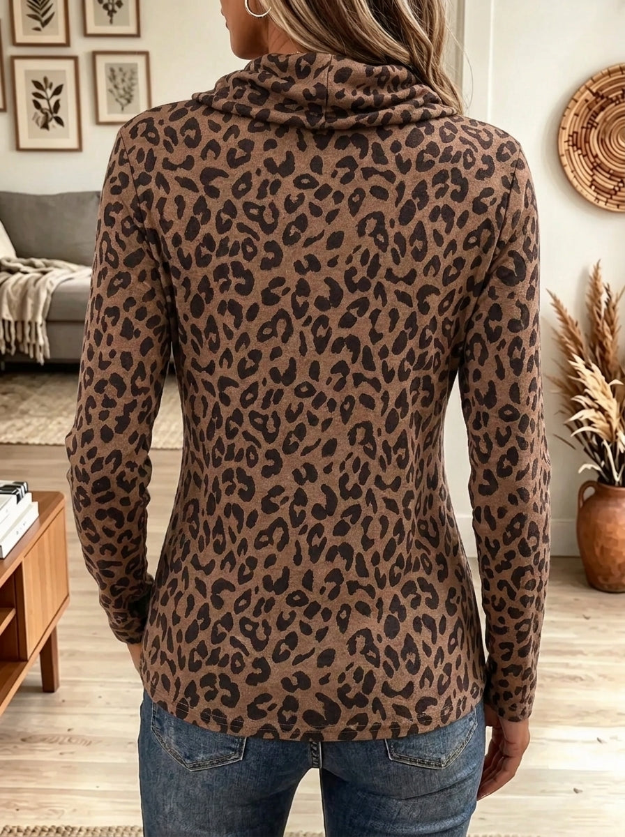 Women's Leopard Print Cowl Neck Button Top