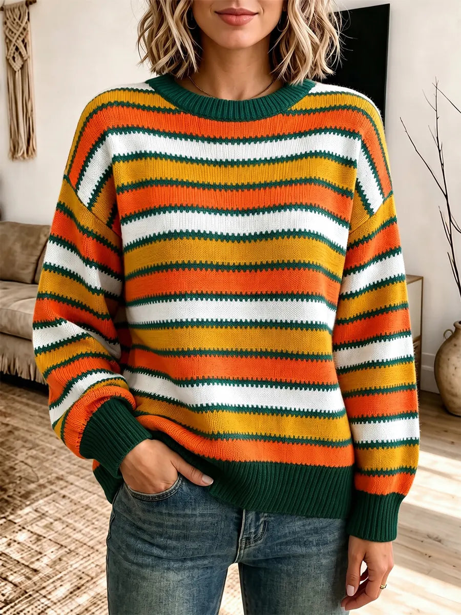 Retro Color Block Round Collar Art Casual Stylish Long Sleeve Sweater