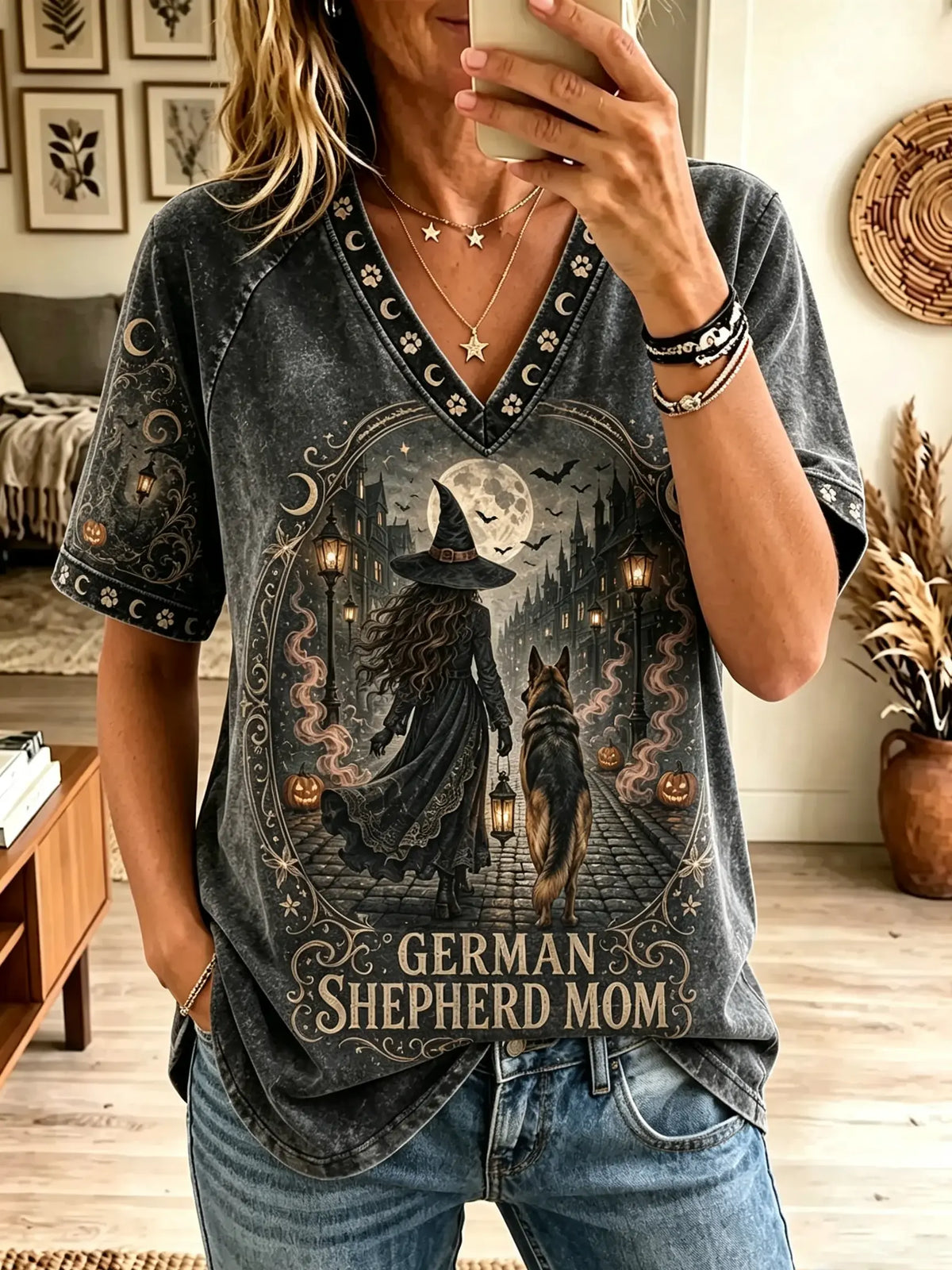 Women's German Shepherd Mom Starlight Witch Graphic T-Shirt