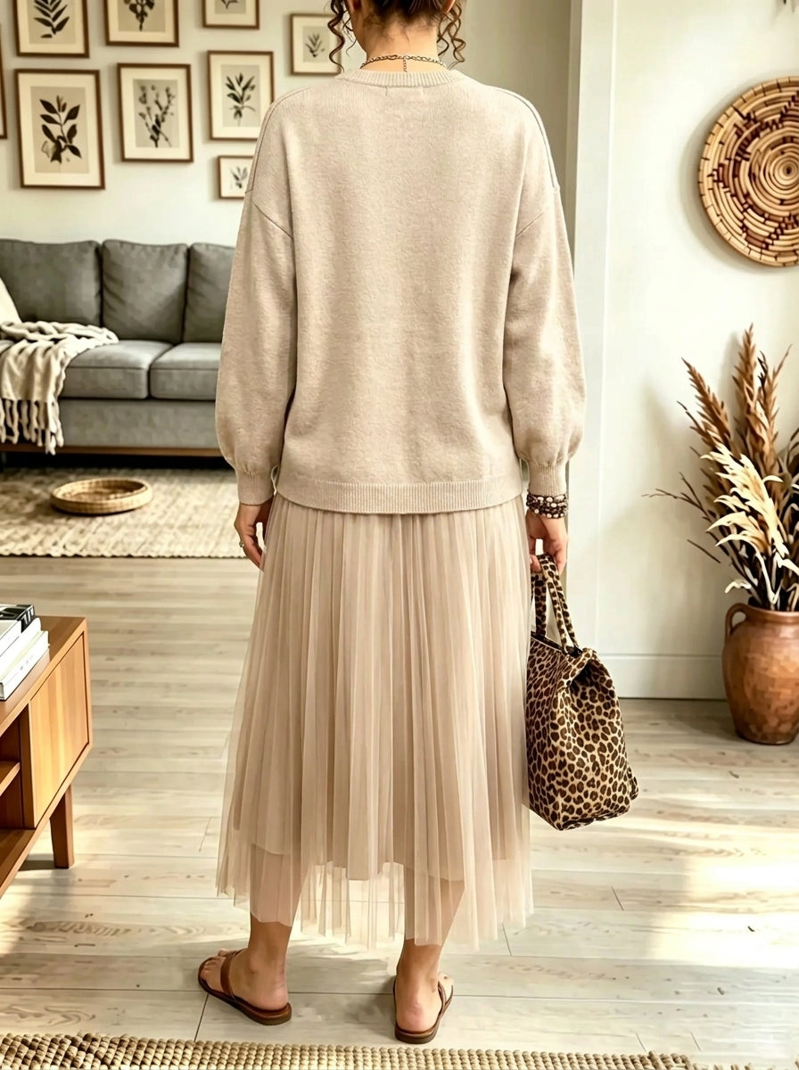 Women's Zipper Accent Sweater Tulle Faux Two-piece Midi Dress